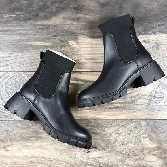 NIB Steve Madden 9.5M Hutch Stretch Lug Sole Chelsea Boots Black Faux Leather - Picture 2 of 11